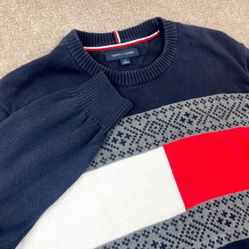 Tommy Hilfiger Sweater Mens Large Navy Blue Knitted Y2K Retro Crewneck Pullover